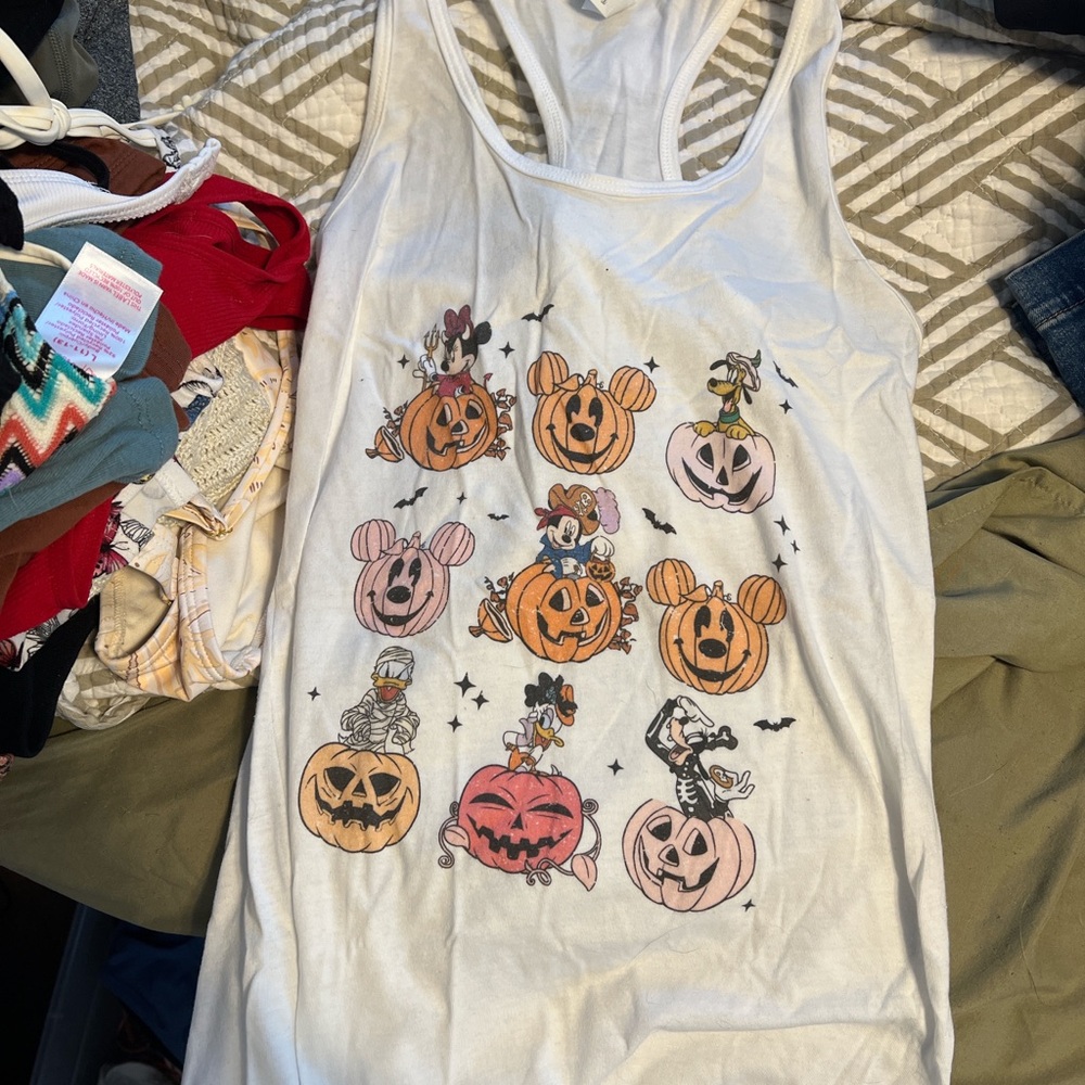 White Tank Top with Halloween Pumpkin Design